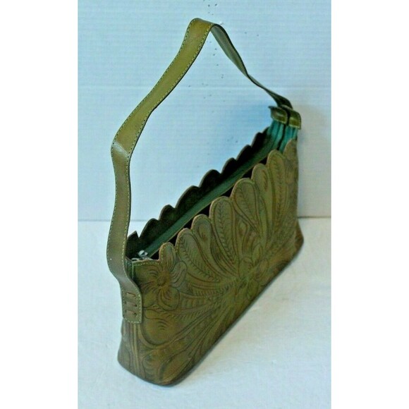 LL Leaders In Leather Purse Paraguay Scrolled Floral Tooled Leather Teal & Brown - Picture 4 of 8